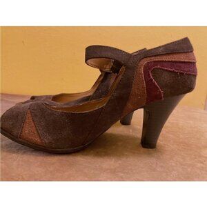 Croft and Barrow 40s retro tricolor brown, tan and burgundy suede open toe pump